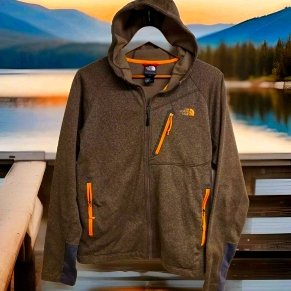 The North Face Brown Sweatshirt with Hood and Yellow Accents
